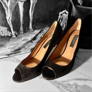 ANN TAYLOR. Black Lizard Peep Toe Stilettos, Sz. 6